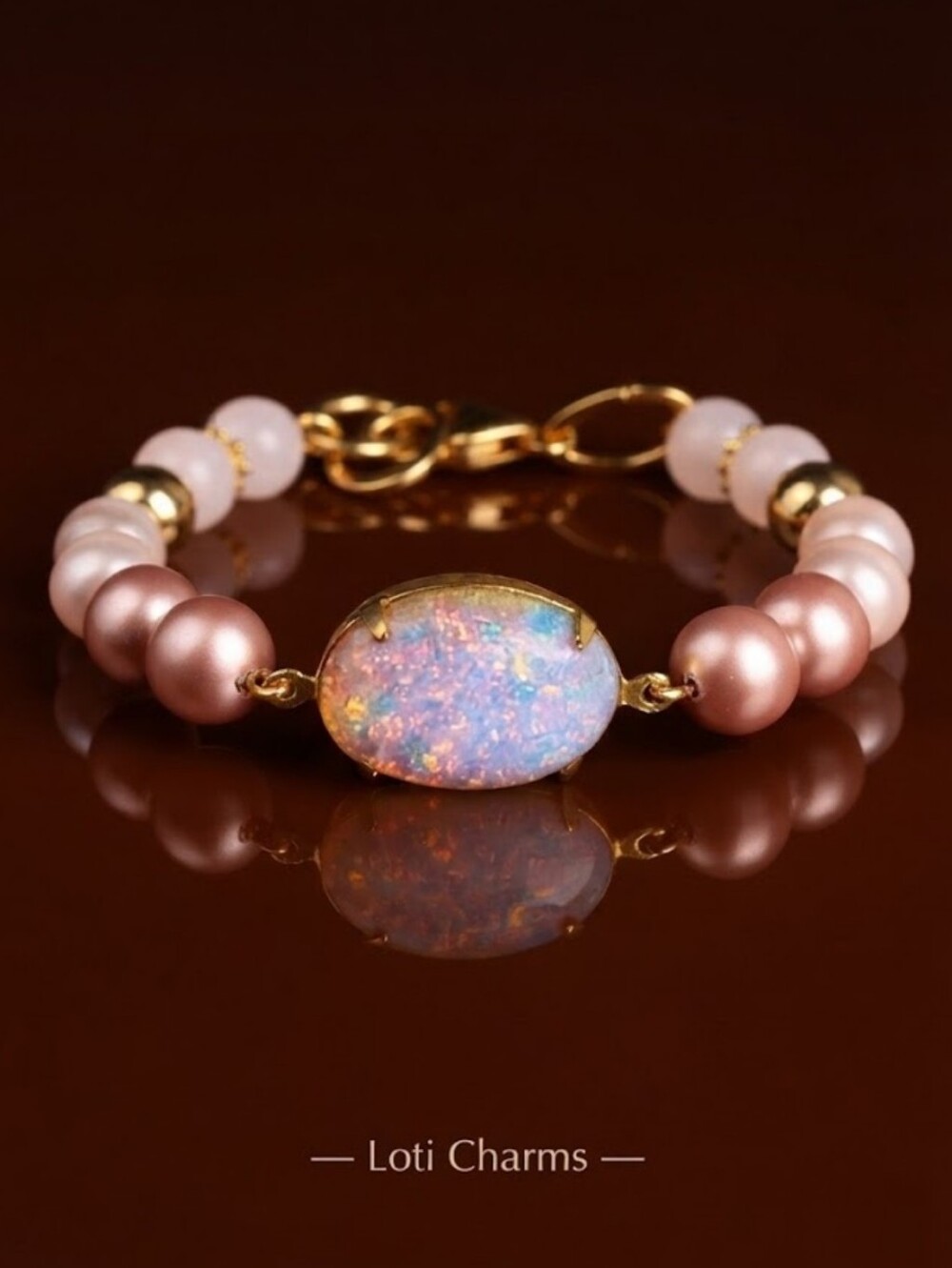 Pink Fire Opal Harlequin Glass & Swarovsli3 Powdered Rose Pink Bead Bracelet